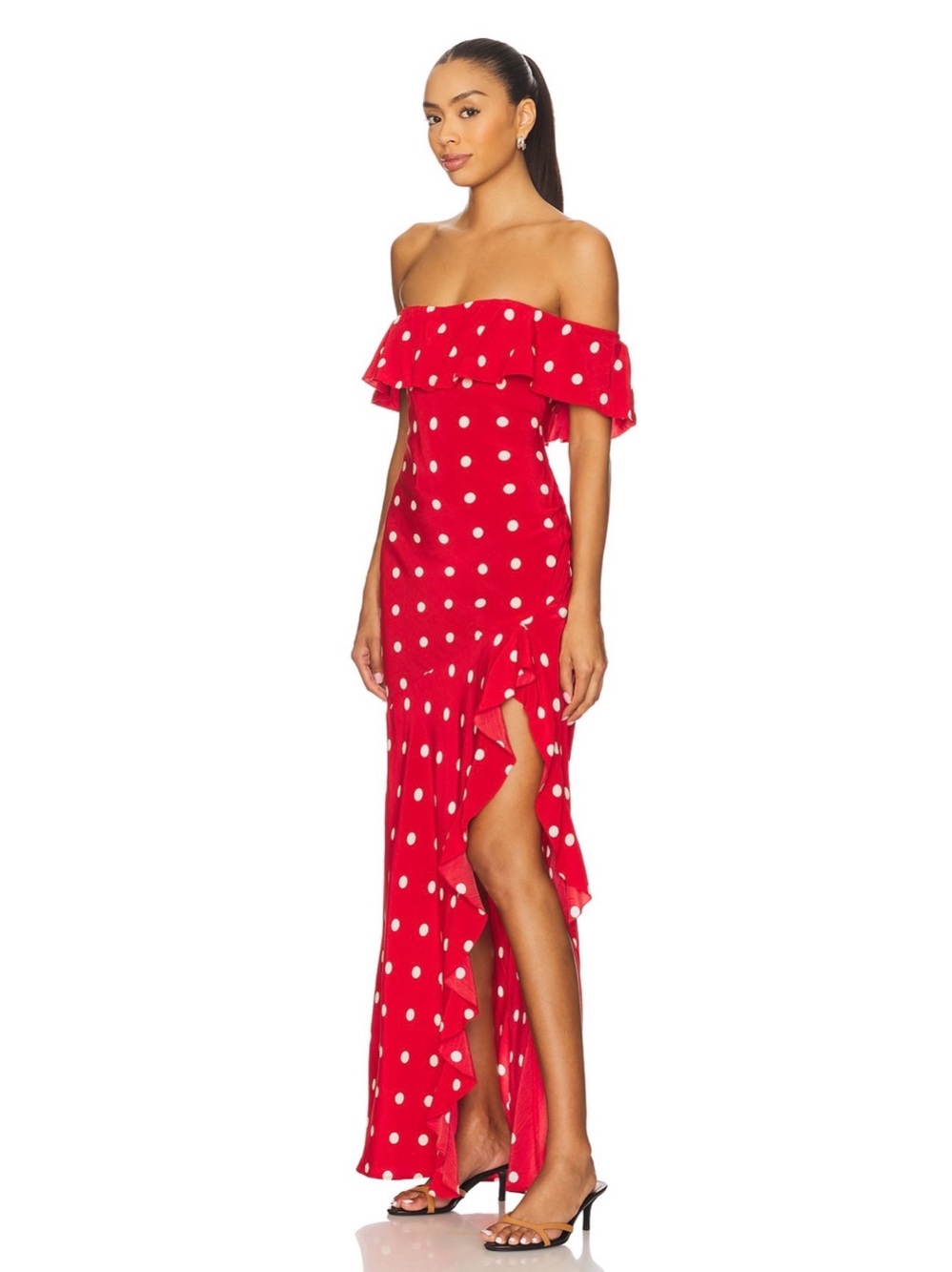 MAJORELLE Deanna Gown in Cherry Red Polka Dot Off-Shoulder Ruffle Maxi sz S - Picture 2 of 4